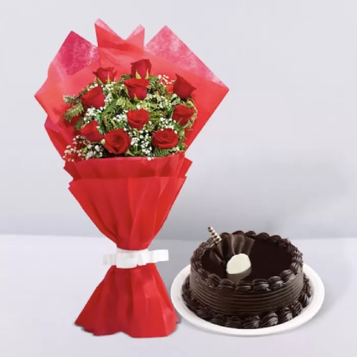 Red Roses & Chocolate Cake Combo