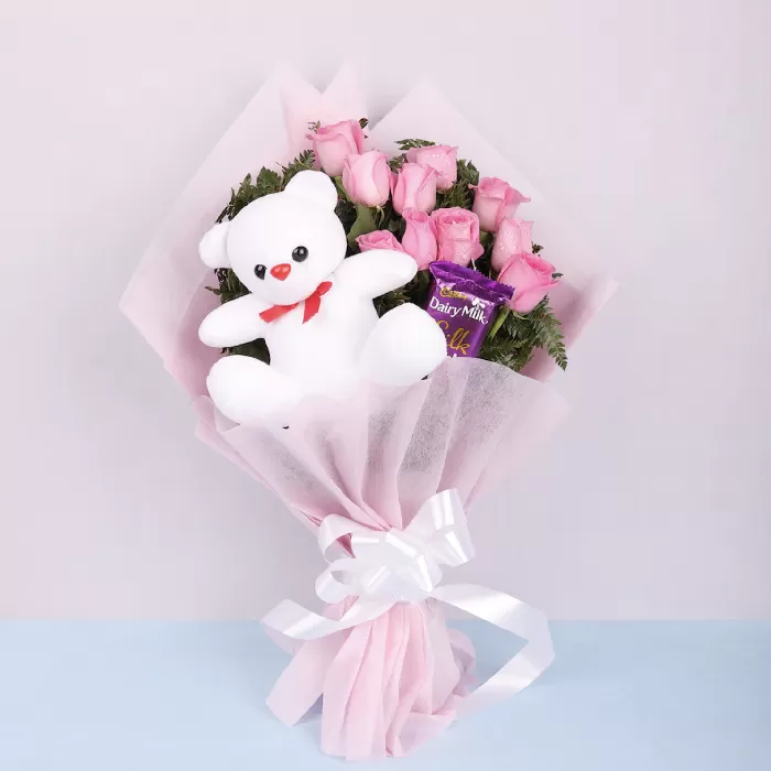 Pink Roses  Bouquet with Chocolate & Teddy - combo