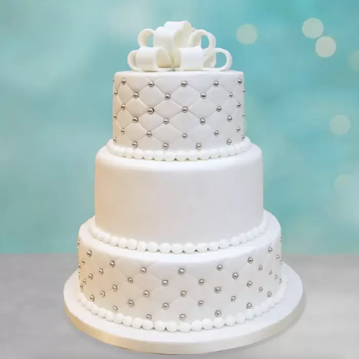 Silver Pearl Three Tier Wedding  Fondant Cake