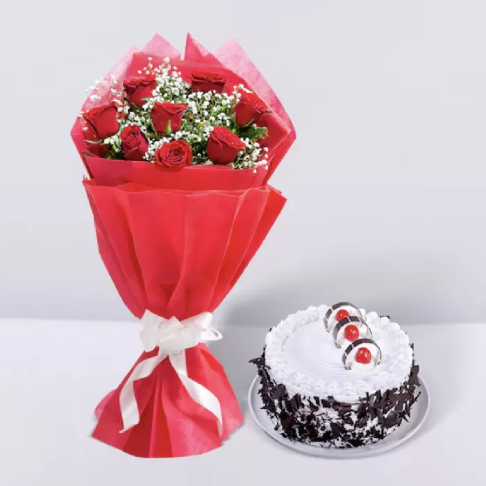 BlackForest Cake with Red Roses- cake & Roses Combo
