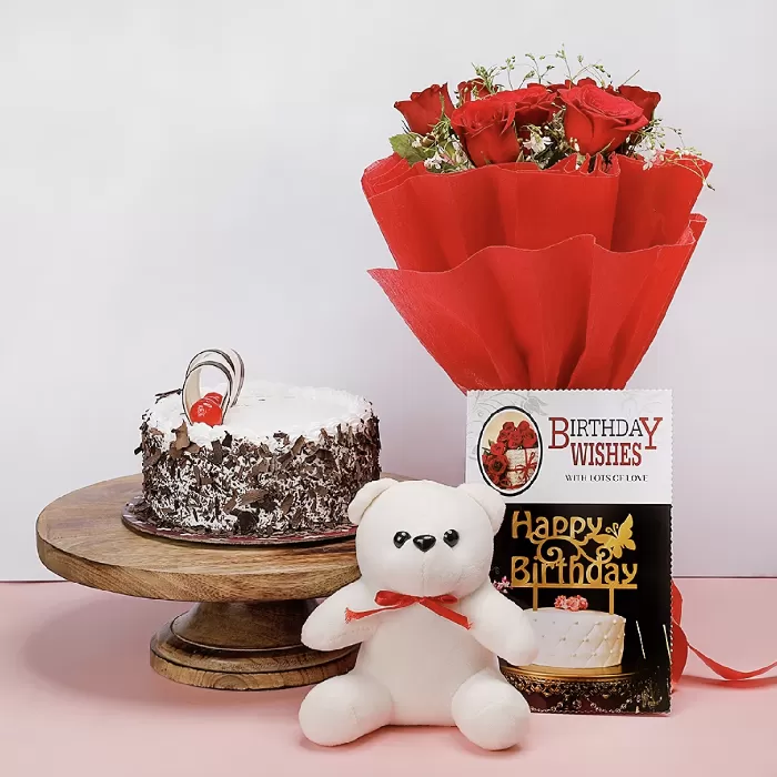 Cake - Teddy - Flower & Birthday Card Combo