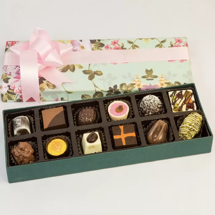 Floral Box Of Premium Chocolates- 12 Pcs